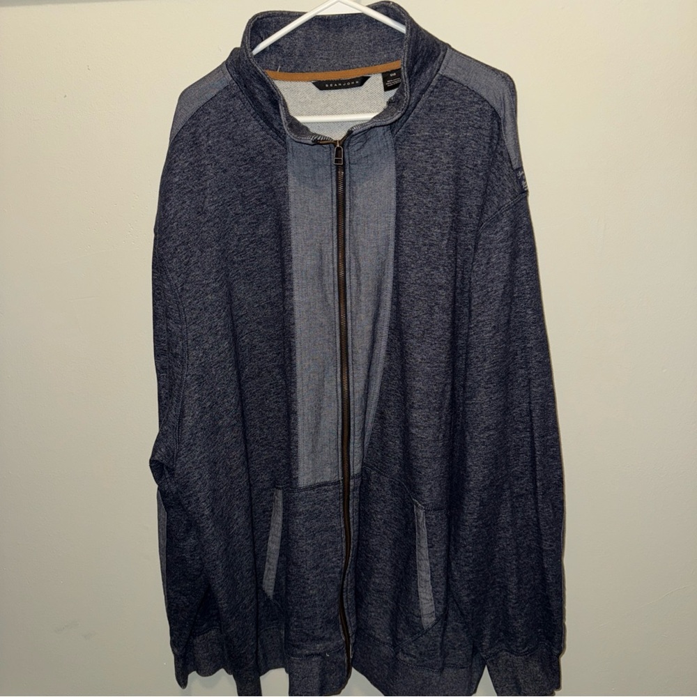 Sean John Men's Blue and Gray Zip-Up Sweater